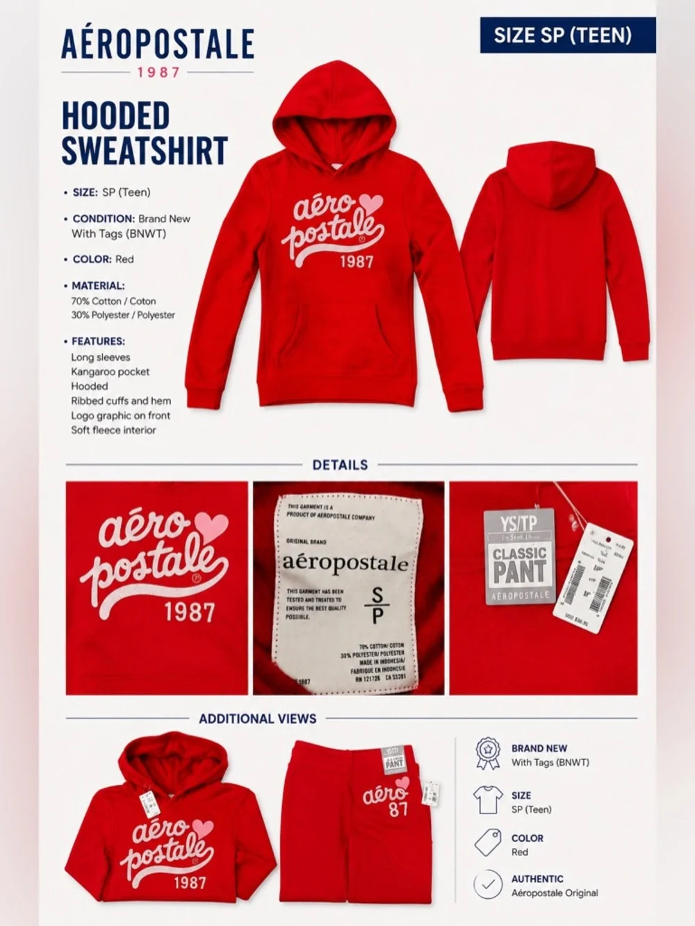 Aéropostale 1987 Matching Red Hoodie & Sweatpants Set Tags (BNWT)